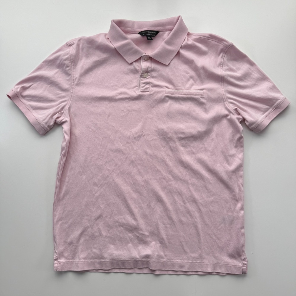 BANANA REPUBLIC Luxe Touch Pip Pink Oxford Polo Short‎ Sleeve Shirt Mens Medium